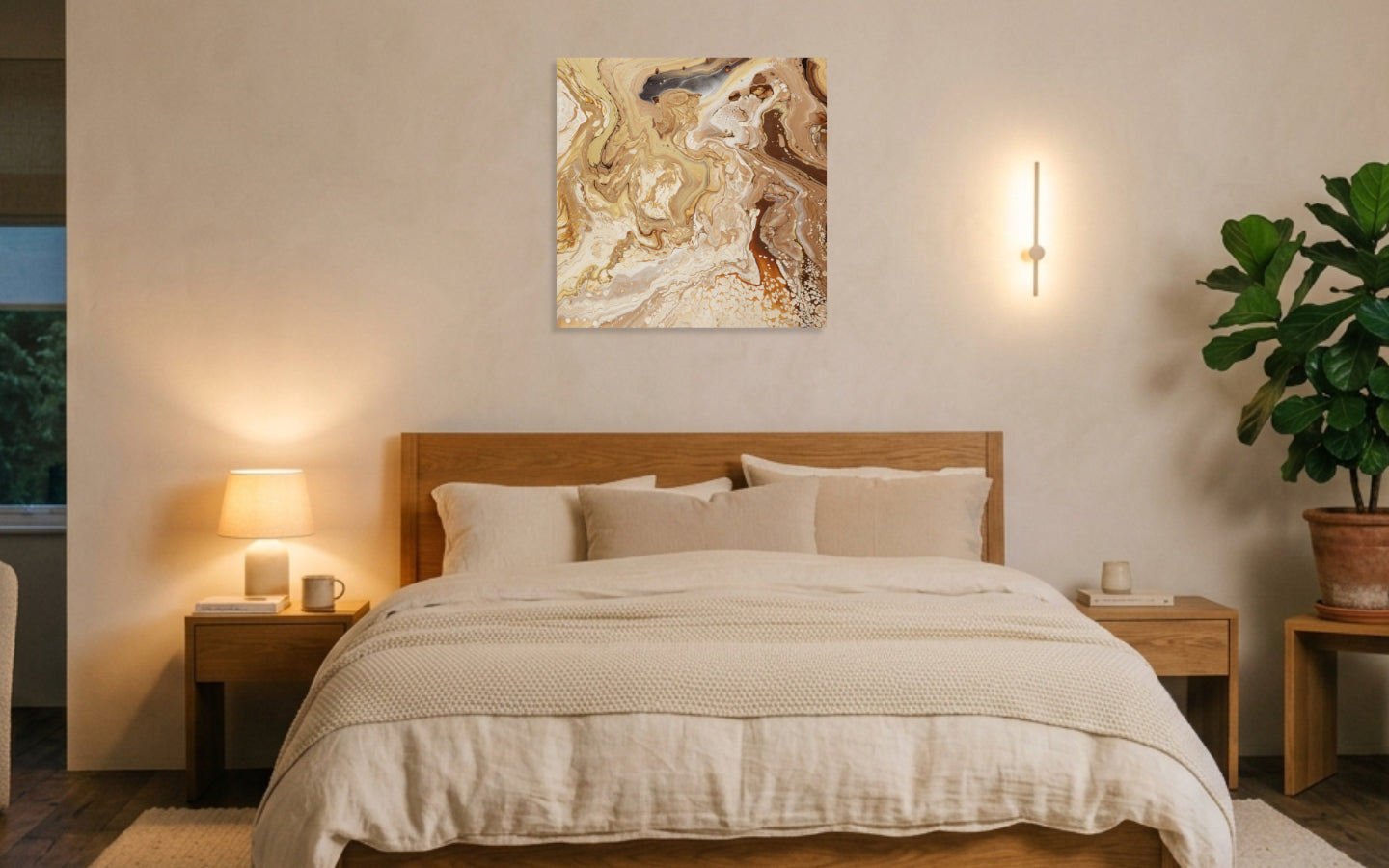 Square abstract acrylic painting in warm sand, caramel, cream and gold, shifting dune-like texture with a carved channel displayed in bedroom