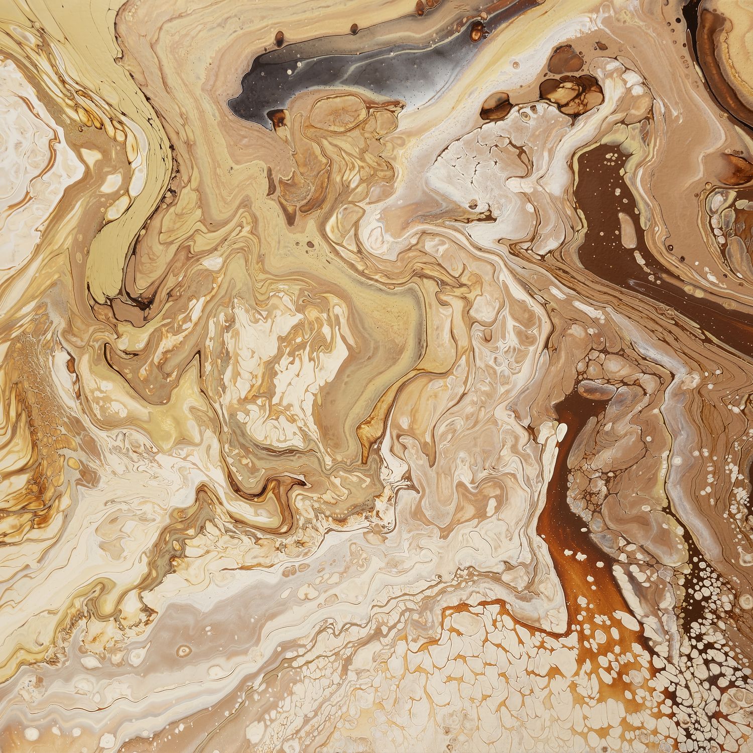 Square abstract acrylic painting in warm sand, caramel, cream and gold, shifting dune-like texture with a carved channel.