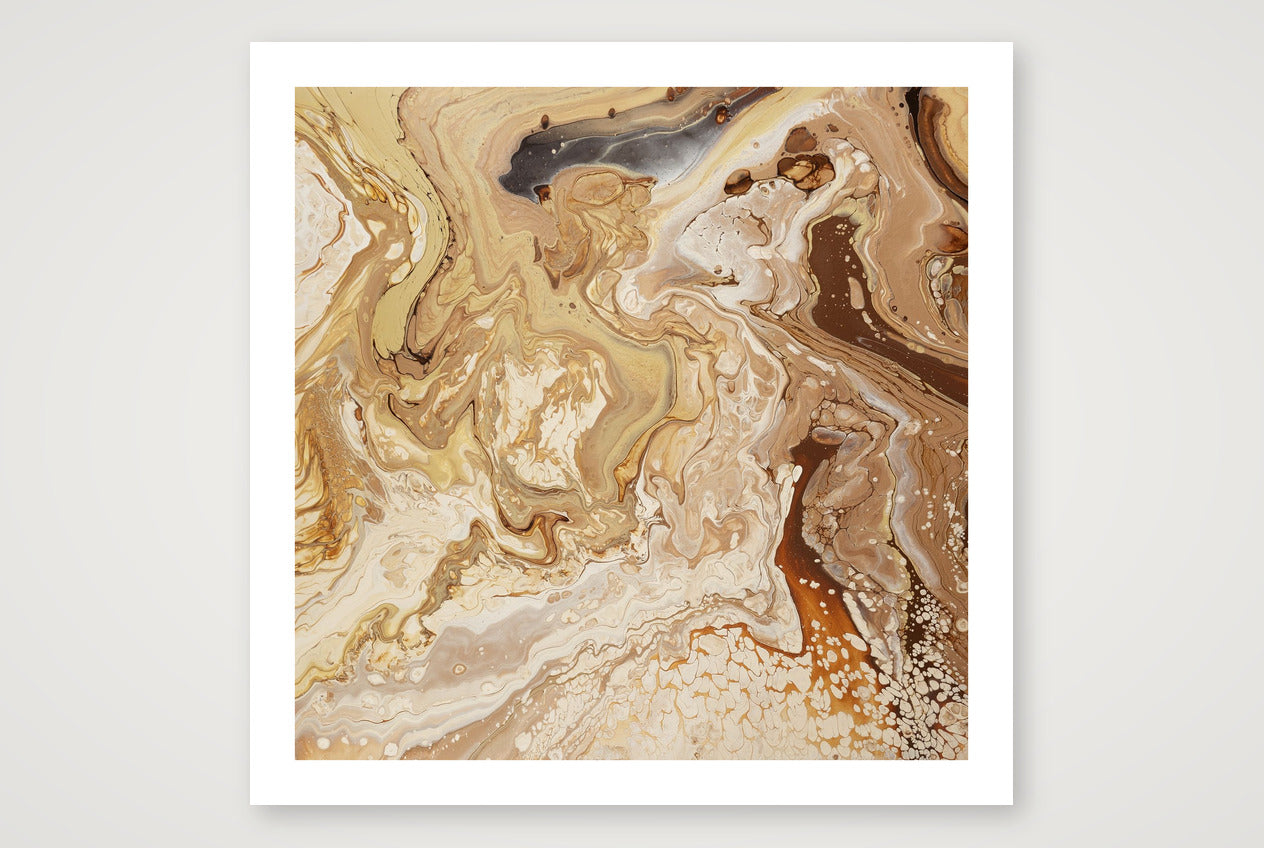 Square abstract acrylic painting in warm sand, caramel, cream and gold, shifting dune-like texture with a carved channel.