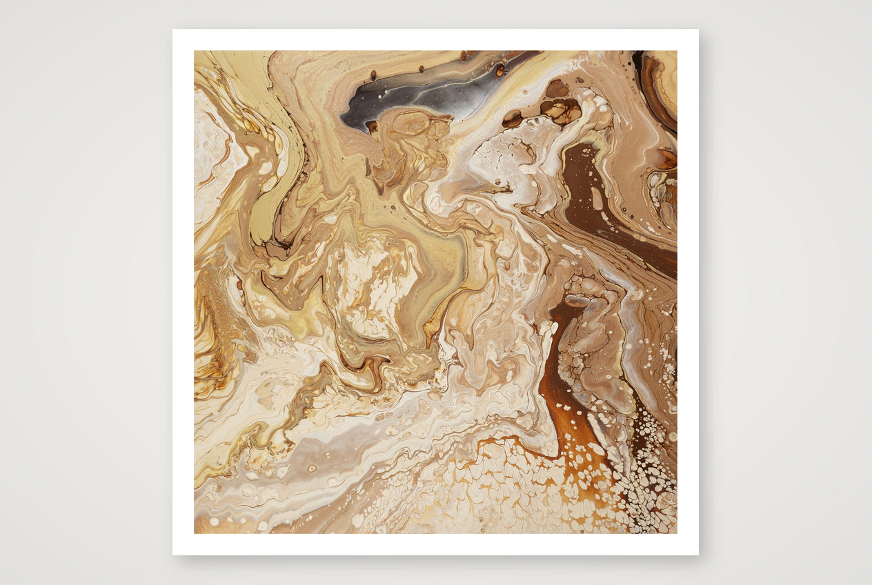 Square abstract acrylic painting in warm sand, caramel, cream and gold, shifting dune-like texture with a carved channel.