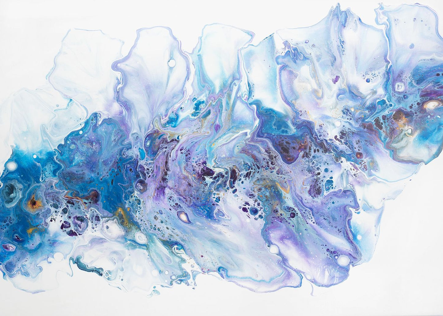Landscape abstract art print in soft blues and violets blooming across white, delicate sea-spray and foam feel, airy fluid texture.
