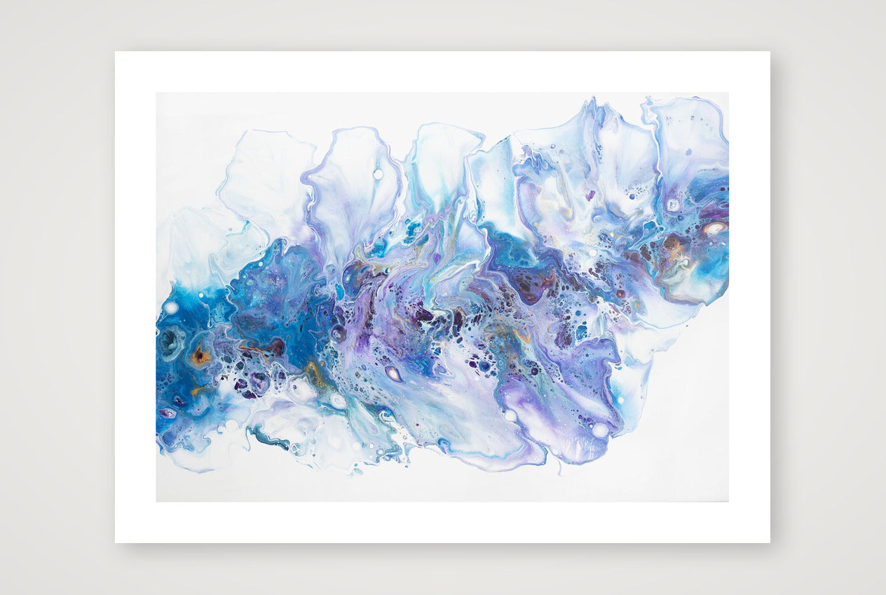 Landscape abstract art print in soft blues and violets blooming across white, delicate sea-spray and foam feel, airy fluid texture.