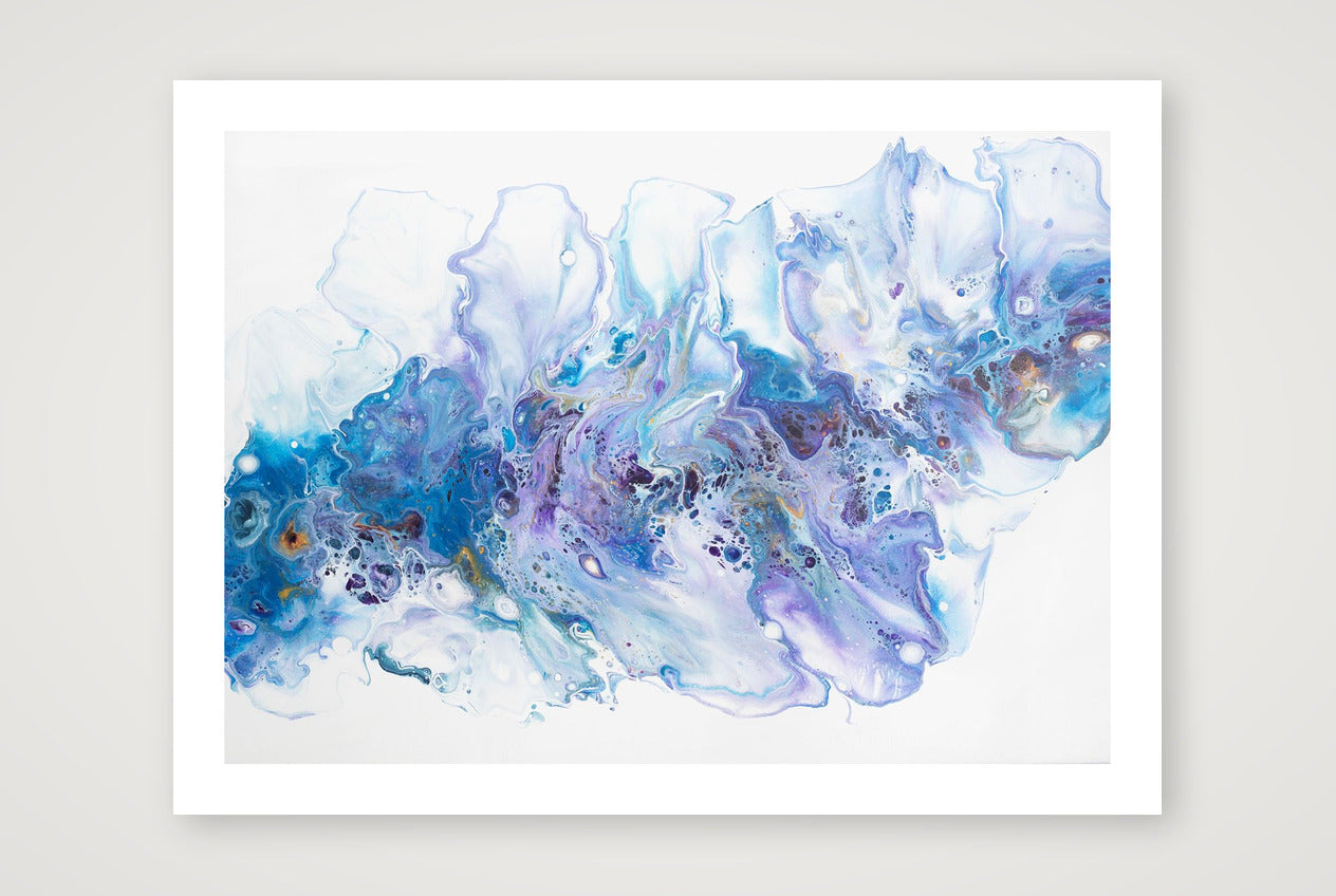 Landscape abstract art print in soft blues and violets blooming across white, delicate sea-spray and foam feel, airy fluid texture.