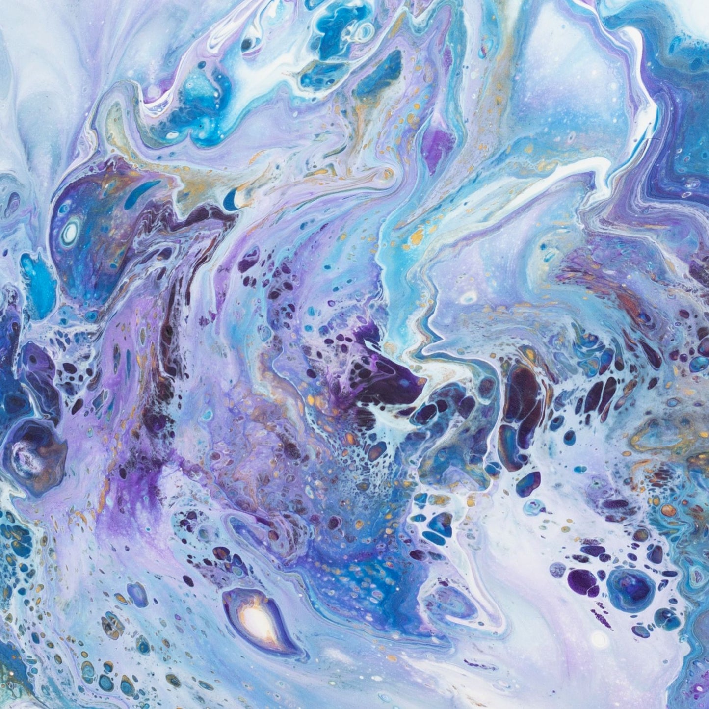 Fragment of landscape abstract art print in soft blues and violets blooming across white, delicate sea-spray and foam feel, airy fluid texture.