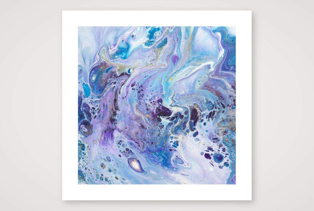 Fragment of landscape abstract art print in soft blues and violets blooming across white, delicate sea-spray and foam feel, airy fluid texture.