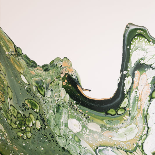 Square abstract acrylic painting in vivid green cresting like a wave against pale ground, fluid motion, energetic new-growth feel.