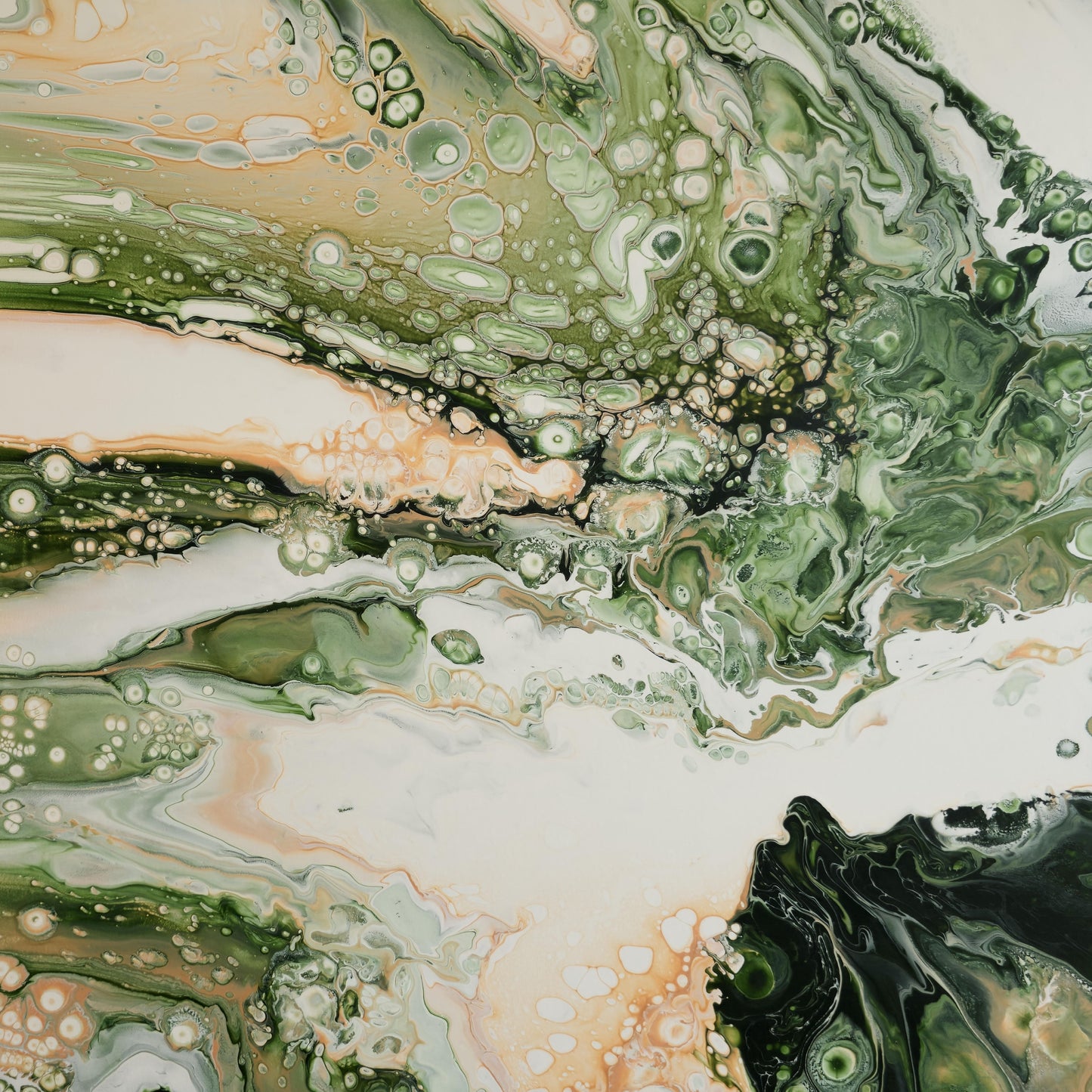 Square abstract acrylic painting in fresh spring greens, peach and white, marbled fluid texture with open light, new-growth mood.