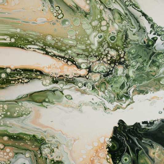 Square abstract acrylic painting in fresh spring greens, peach and white, marbled fluid texture with open light, new-growth mood.
