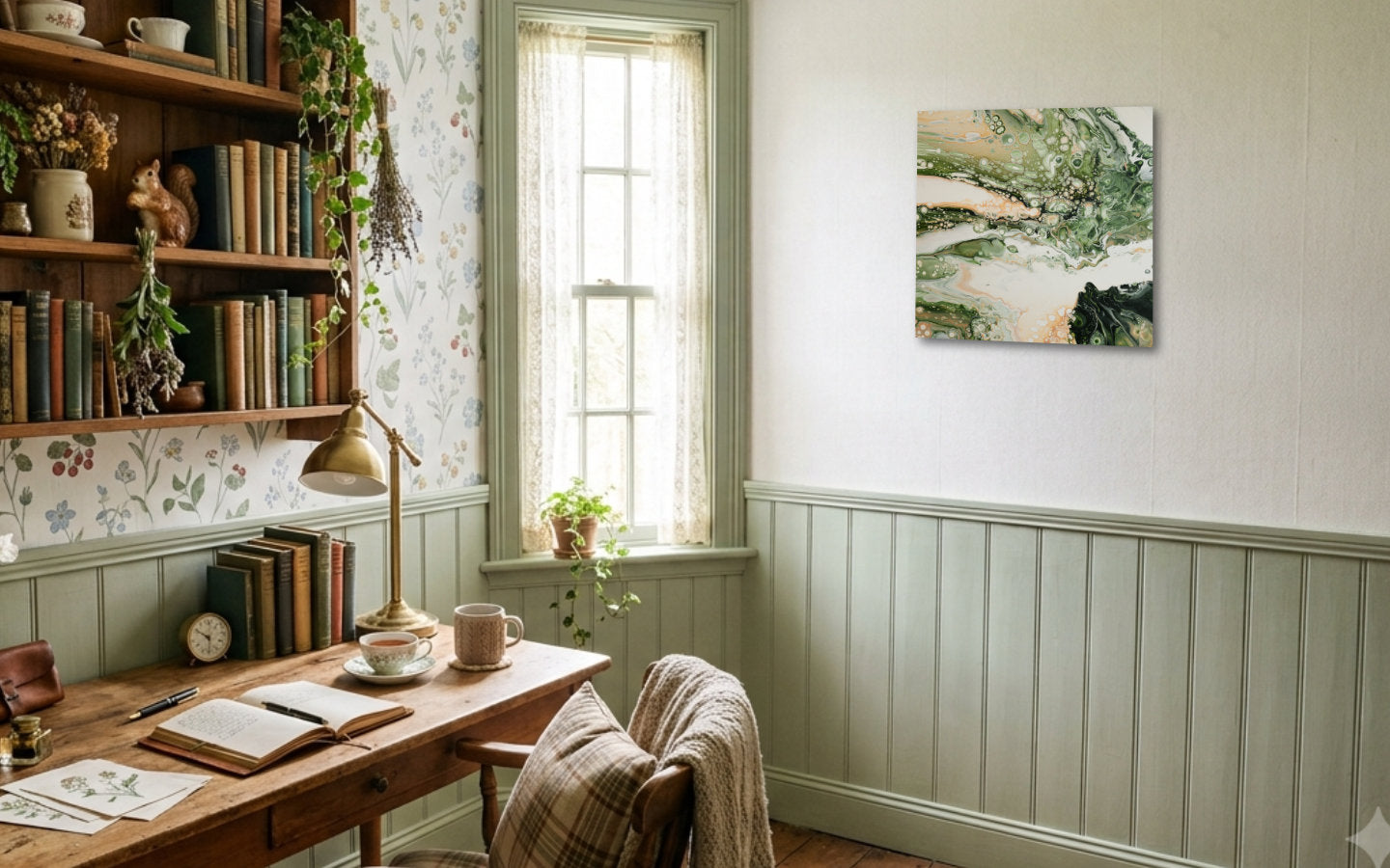 Square abstract acrylic painting in fresh spring greens, peach and white, marbled fluid texture with open light, new-growth mood displayed in study