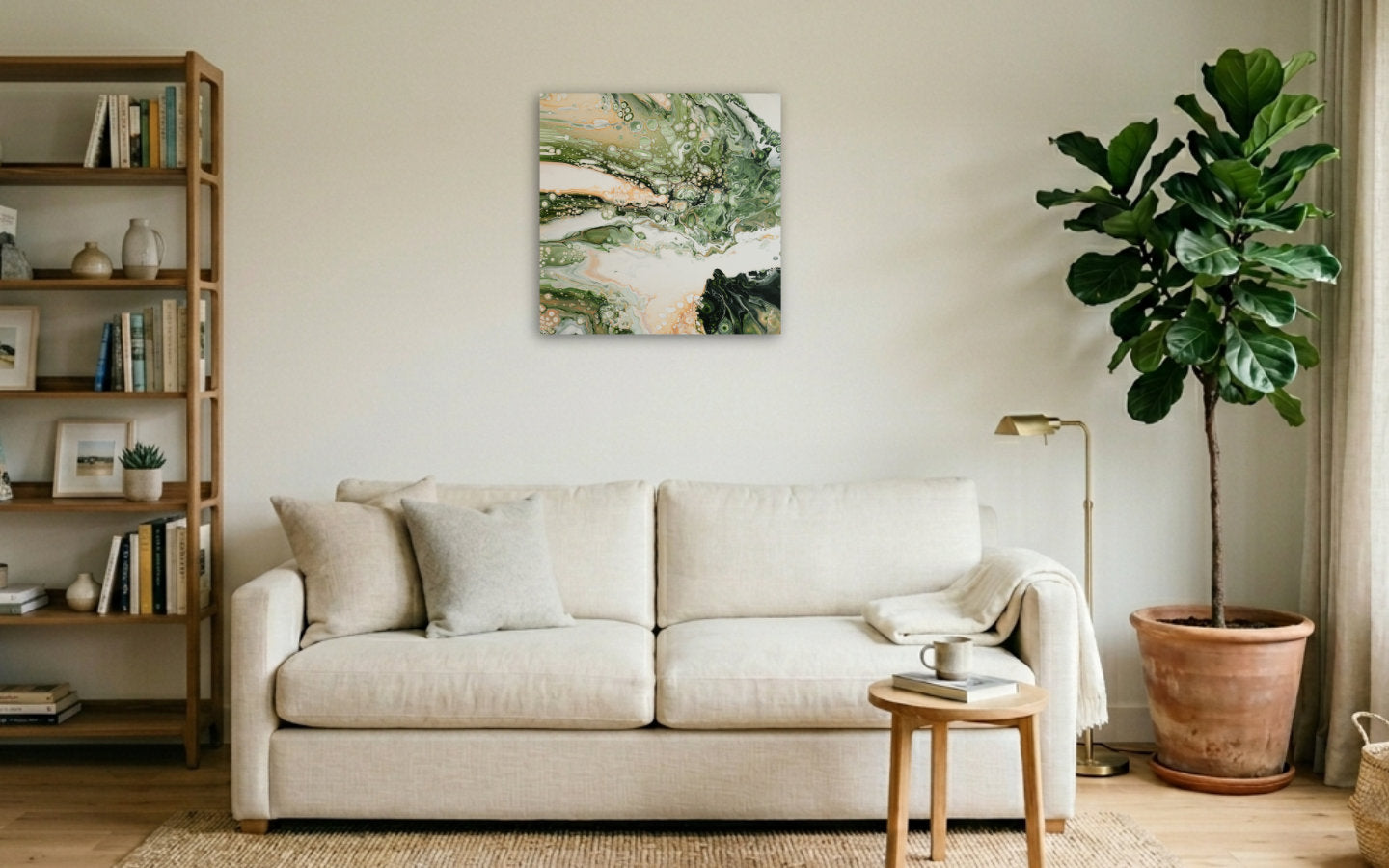 Square abstract acrylic painting in fresh spring greens, peach and white, marbled fluid texture with open light, new-growth mood displayed in living room