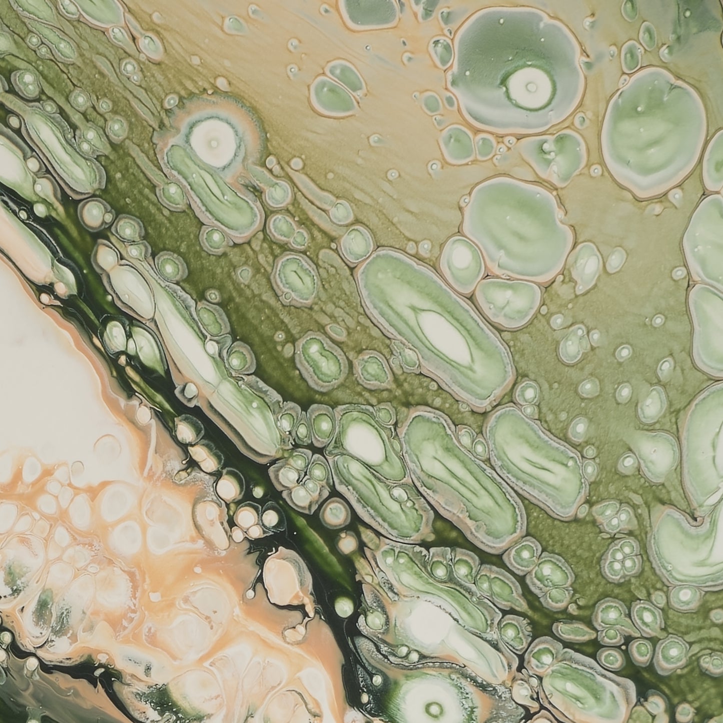 Close-up of square abstract acrylic painting in fresh spring greens, peach and white, marbled fluid texture with open light, new-growth mood.