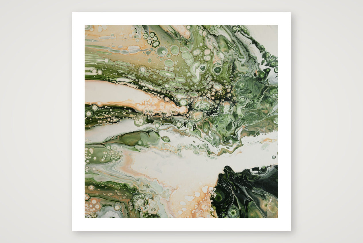 Square abstract acrylic painting in fresh spring greens, peach and white, marbled fluid texture with open light, new-growth mood.