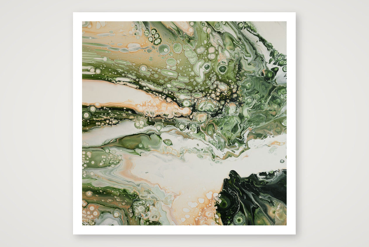 Square abstract acrylic painting in fresh spring greens, peach and white, marbled fluid texture with open light, new-growth mood.