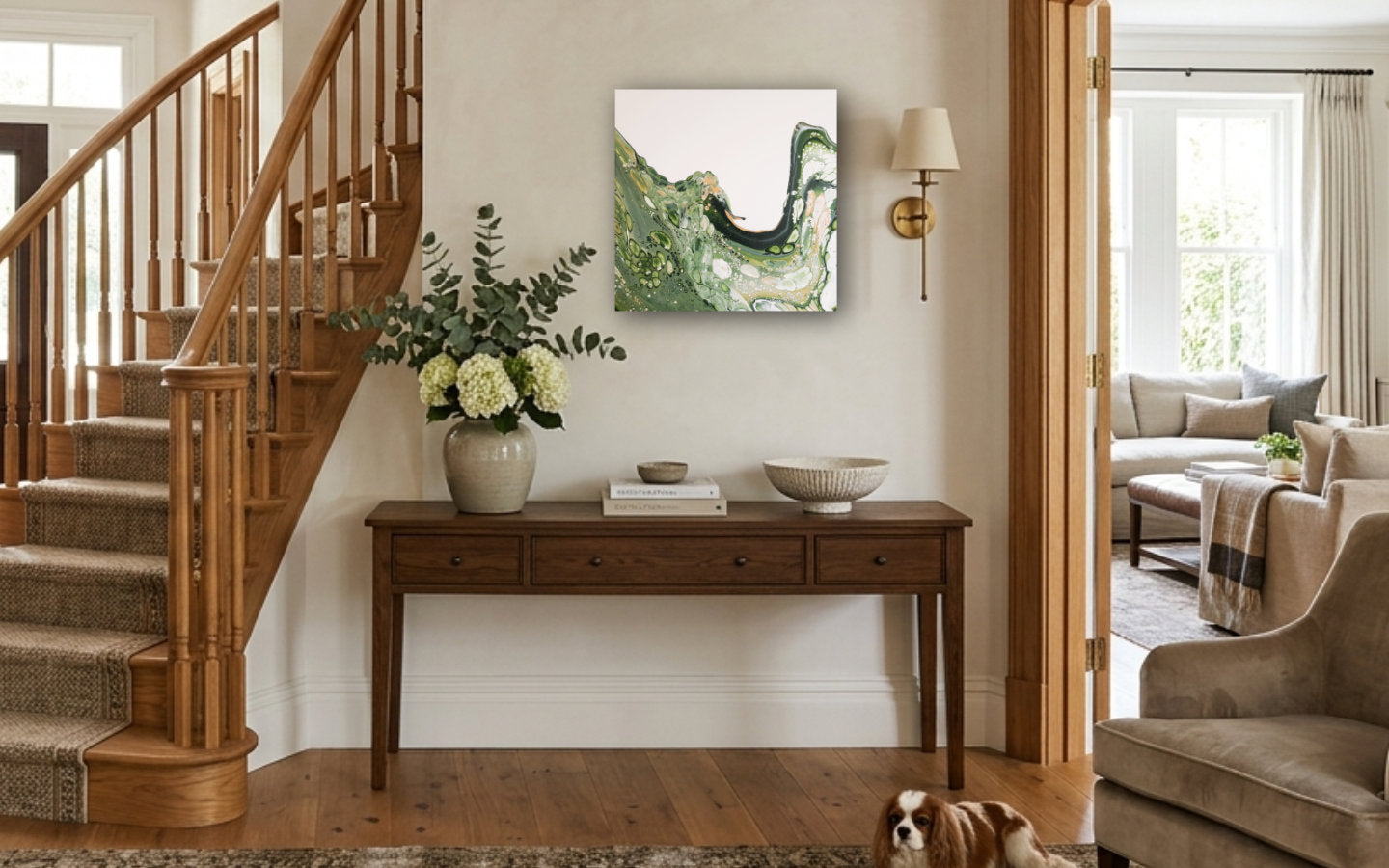 Square abstract acrylic painting in vivid green cresting like a wave against pale ground, fluid motion, energetic new-growth feel displayed in entrance hall.