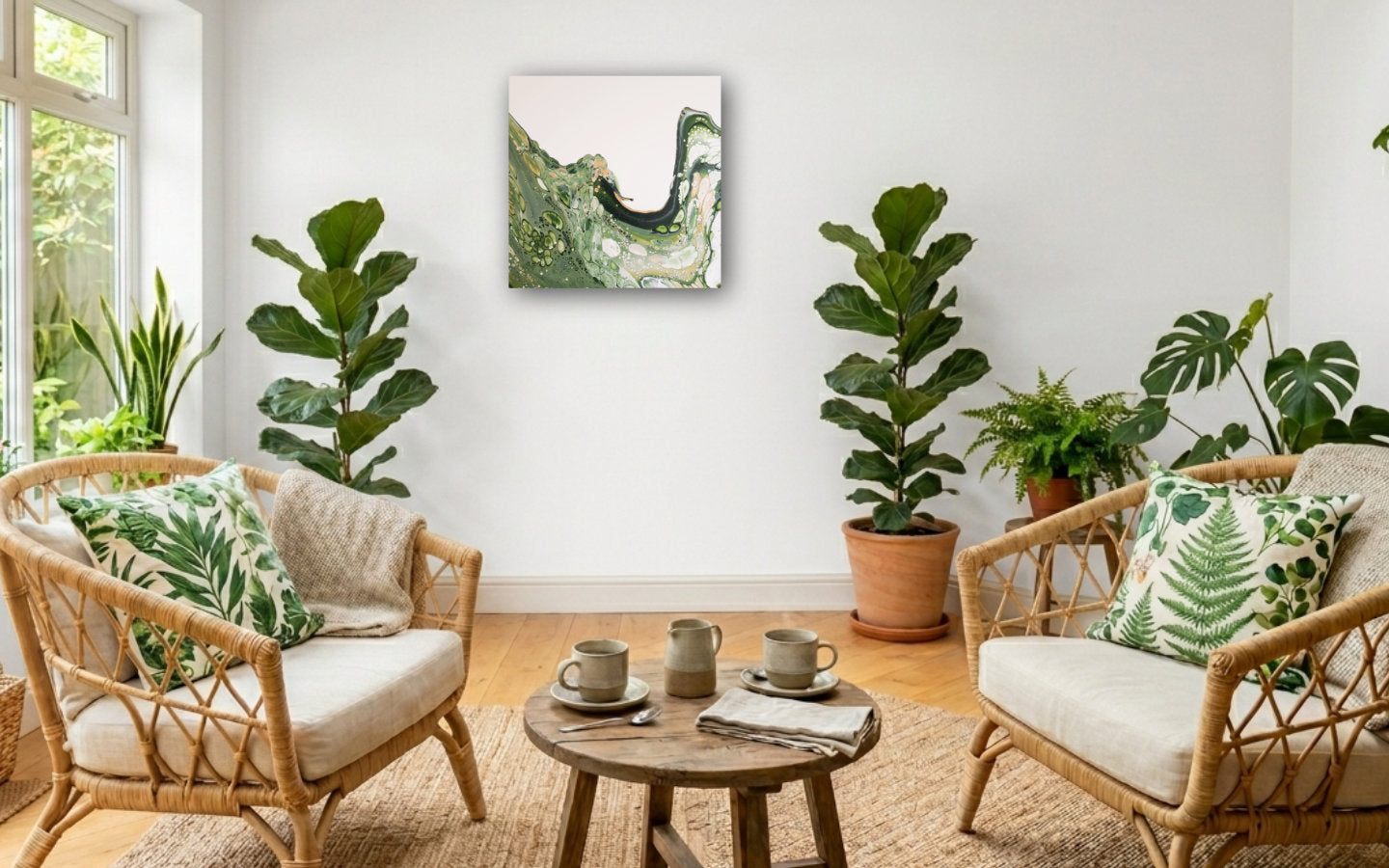 Square abstract acrylic painting in vivid green cresting like a wave against pale ground, fluid motion, energetic new-growth feel displayed in sun room.