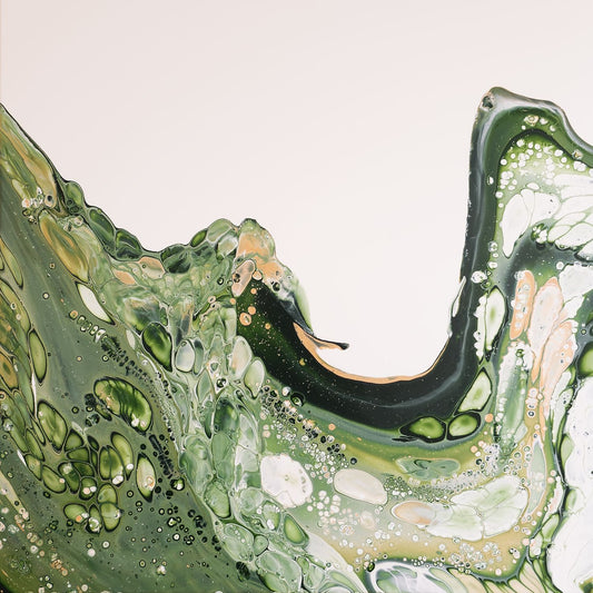 Square abstract acrylic painting in vivid green cresting like a wave against pale ground, fluid motion, energetic new-growth feel.