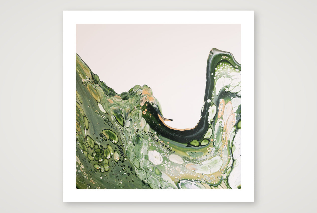 Square abstract acrylic painting in vivid green cresting like a wave against pale ground, fluid motion, energetic new-growth feel.