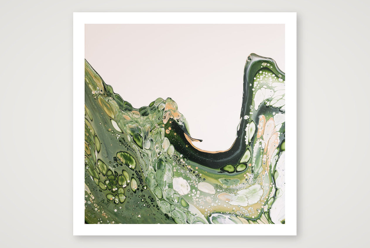Square abstract acrylic painting in vivid green cresting like a wave against pale ground, fluid motion, energetic new-growth feel.