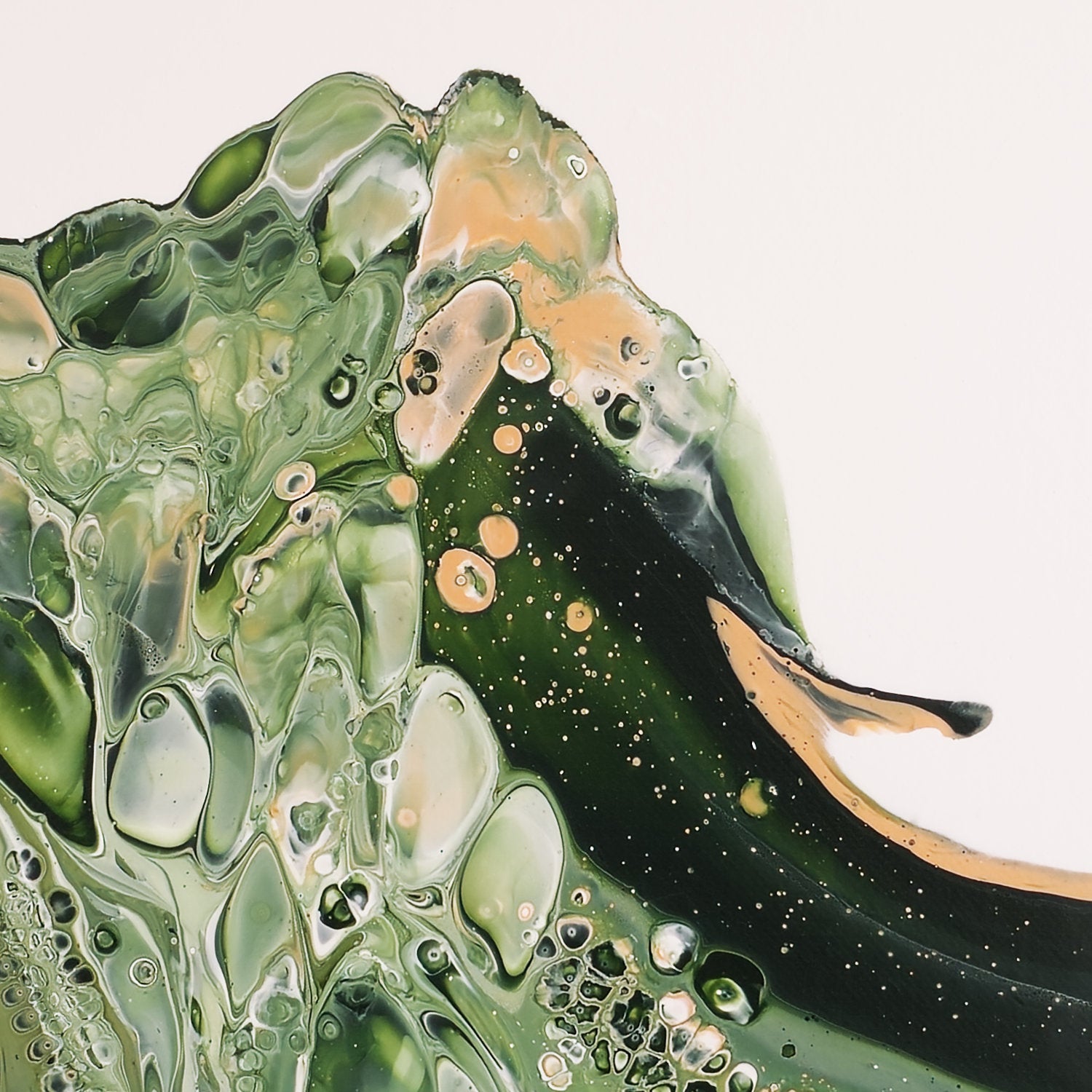 Close-up of square abstract acrylic painting in vivid green cresting like a wave against pale ground, fluid motion, energetic new-growth feel.