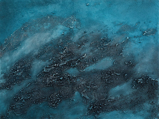 Landscape textured abstract acrylic painting in deep slate blue with a churning pale blue-white centre, heavily built-up crusted surface, weather crossing open water.