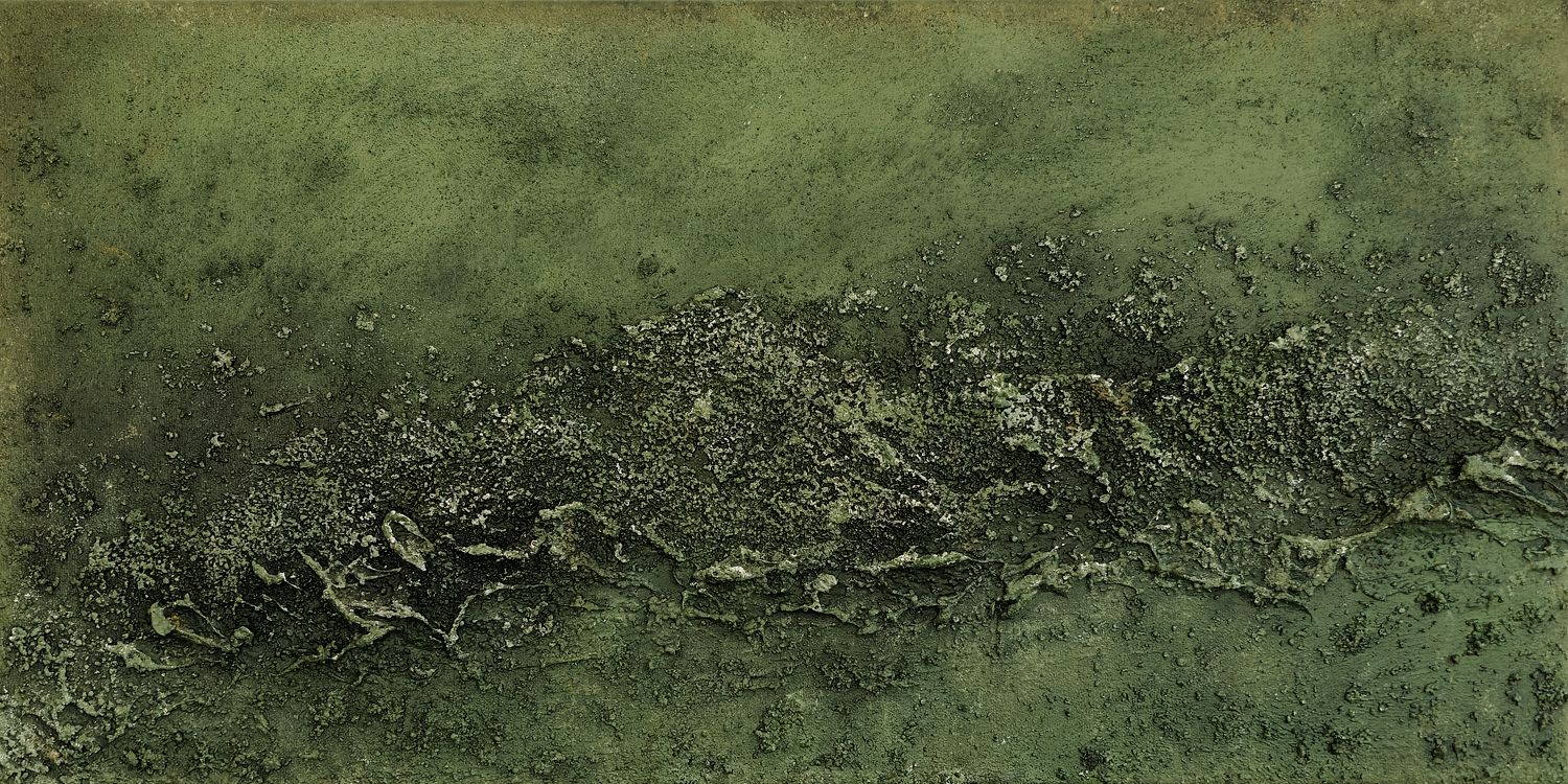 Landscape textured abstract acrylic painting in muted olive and sage green with a raised crusted ridge, land seen from high above fine art print