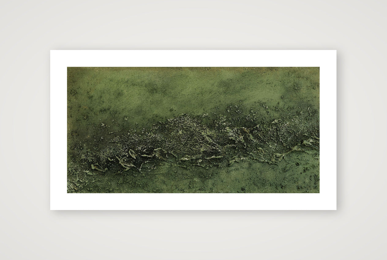 Landscape textured abstract acrylic painting in muted olive and sage green with a raised crusted ridge, land seen from high above fine art print