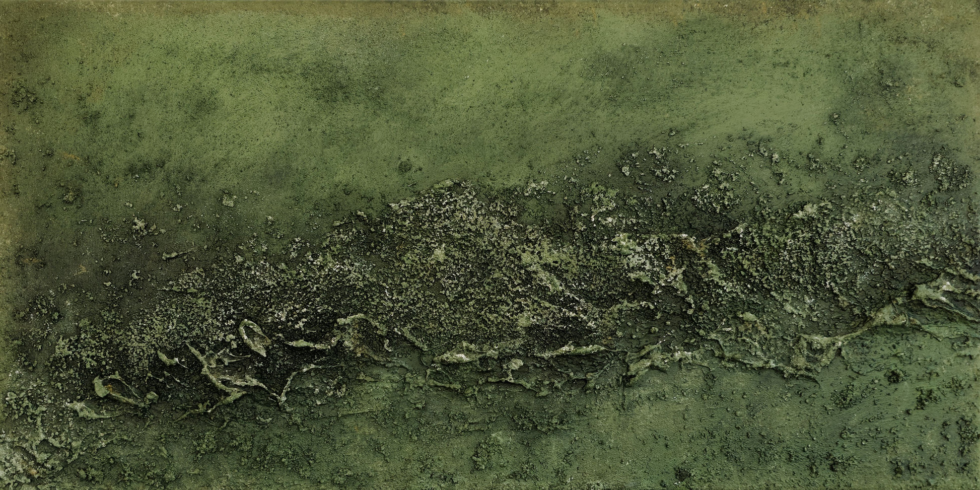 Landscape textured abstract acrylic painting in muted olive and sage green with a raised crusted ridge, land seen from high above.