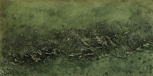Landscape textured abstract acrylic painting in muted olive and sage green with a raised crusted ridge, land seen from high above.