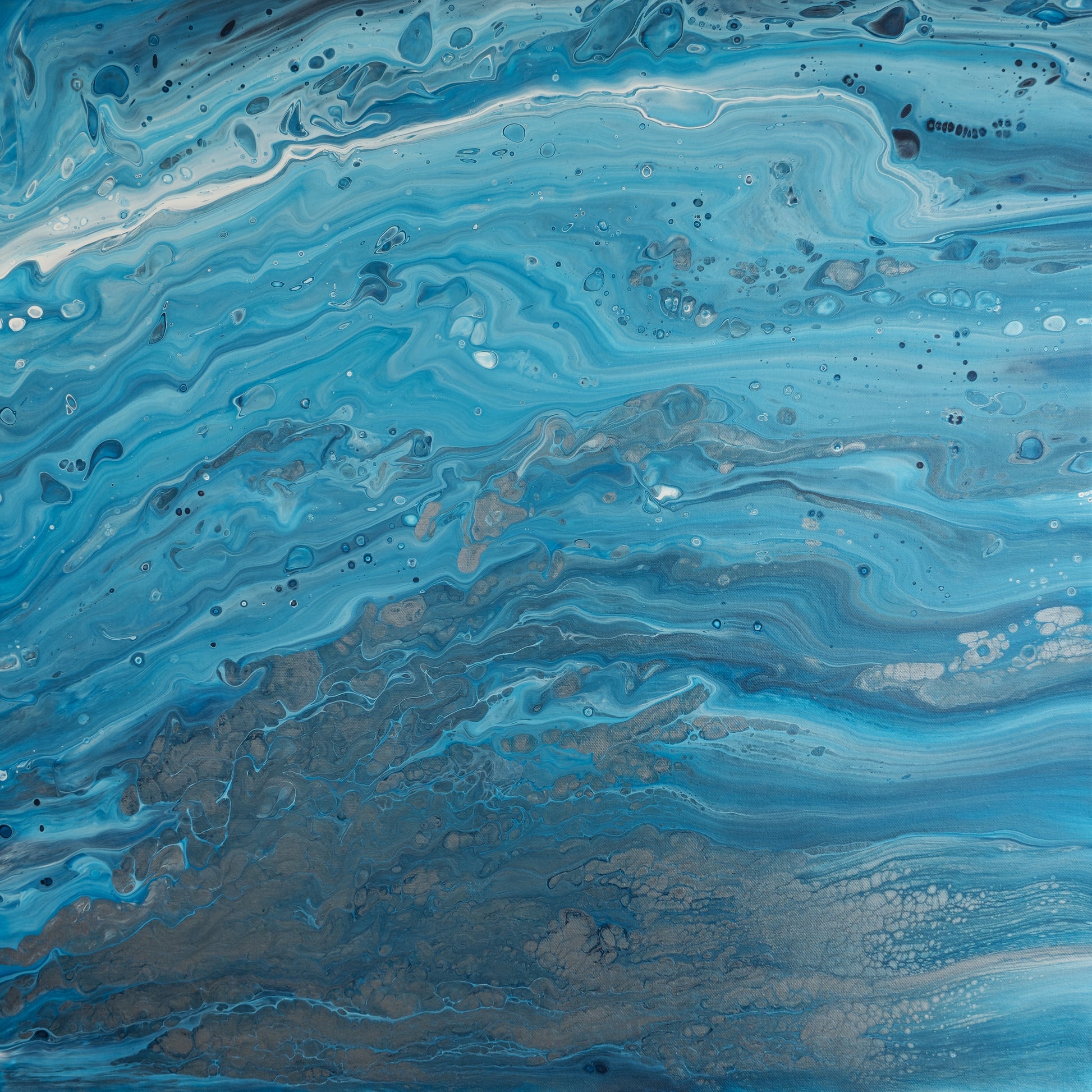 Square abstract acrylic painting in bright blue over stony pewter tones, clear shallow coastal water showing rock and sand below.