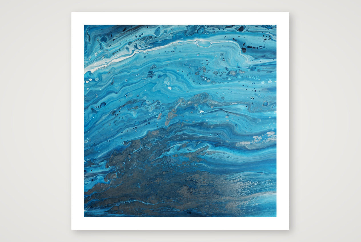 Square abstract acrylic painting in bright blue over stony pewter tones, clear shallow coastal water showing rock and sand below.
