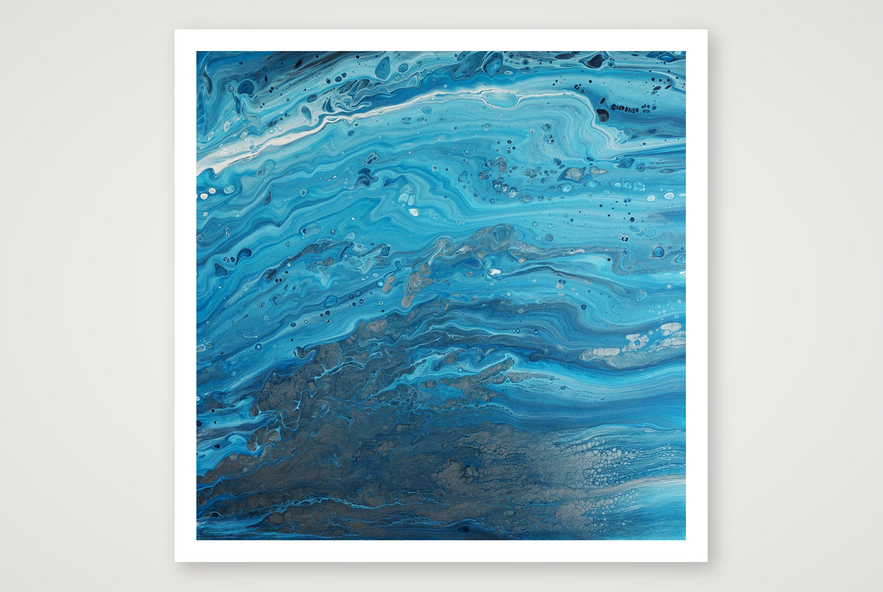 Square abstract acrylic painting in bright blue over stony pewter tones, clear shallow coastal water showing rock and sand below.
