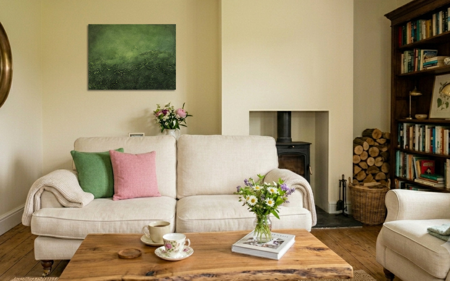 Landscape textured abstract acrylic painting in deep verdigris green with a raised crusted ridge, like the weathered green surface of aged copper displayed in a lounge.