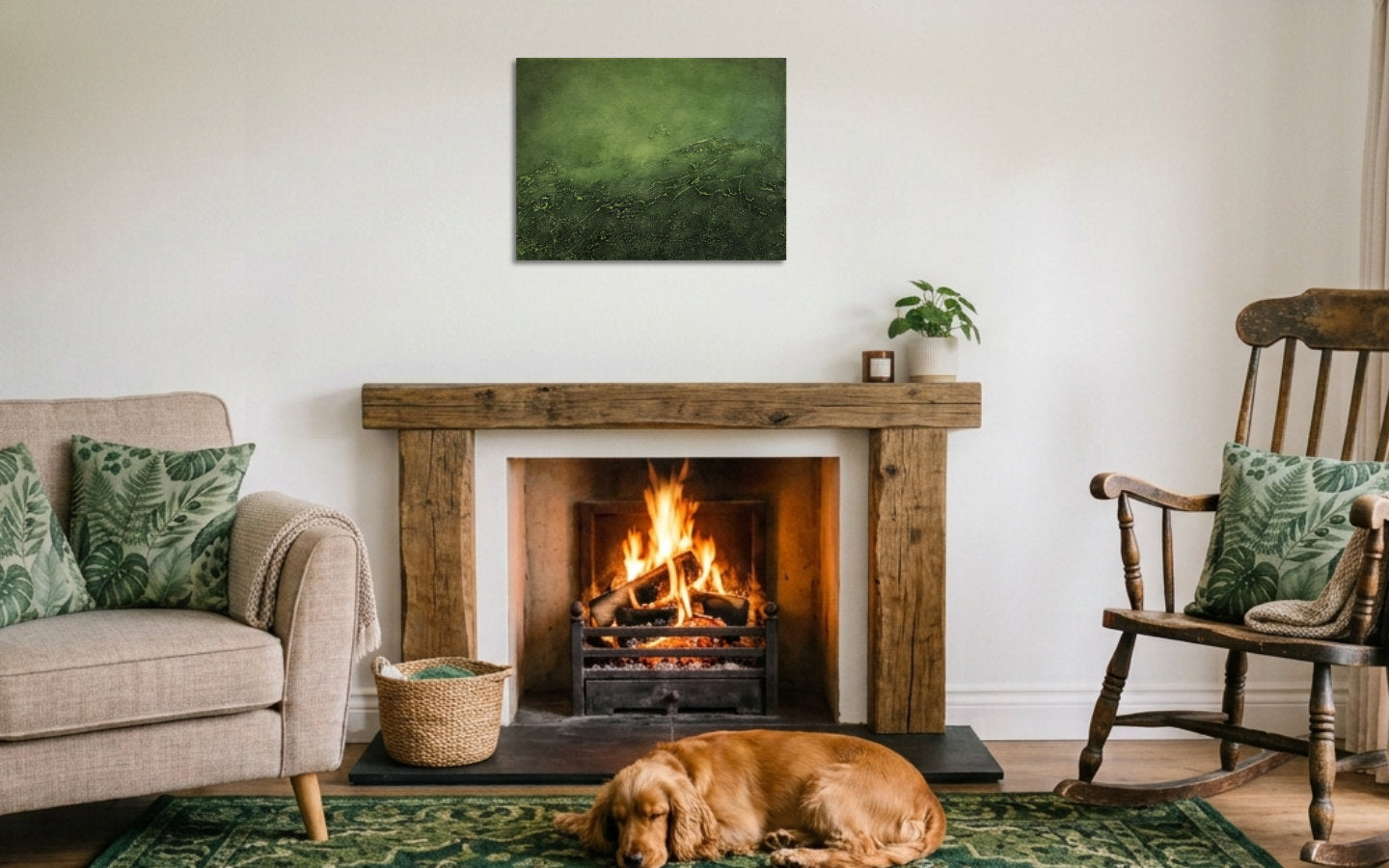 Landscape textured abstract acrylic painting in deep verdigris green with a raised crusted ridge, like the weathered green surface of aged copper displayed above a fireplace