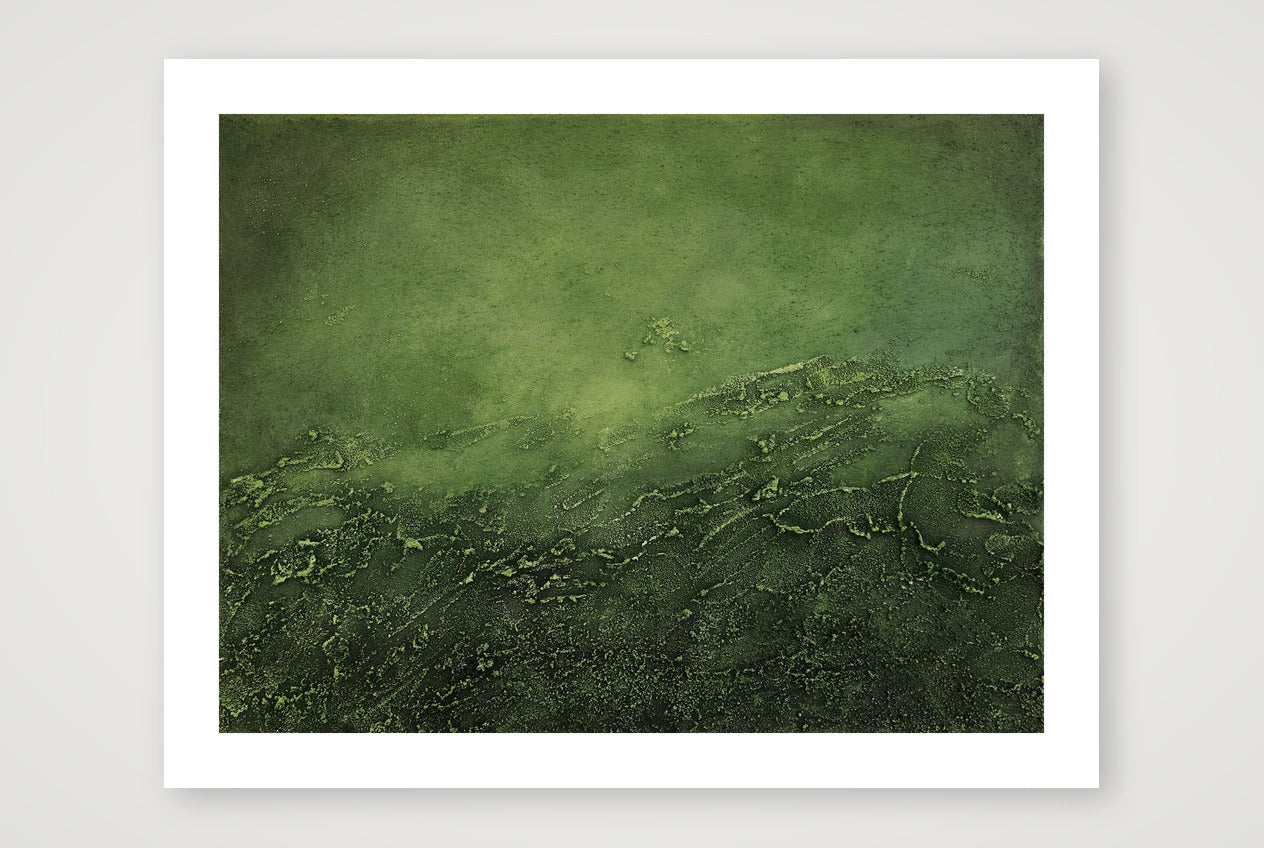 Landscape textured abstract acrylic painting in deep verdigris green with a raised crusted ridge, like the weathered green surface of aged copper.