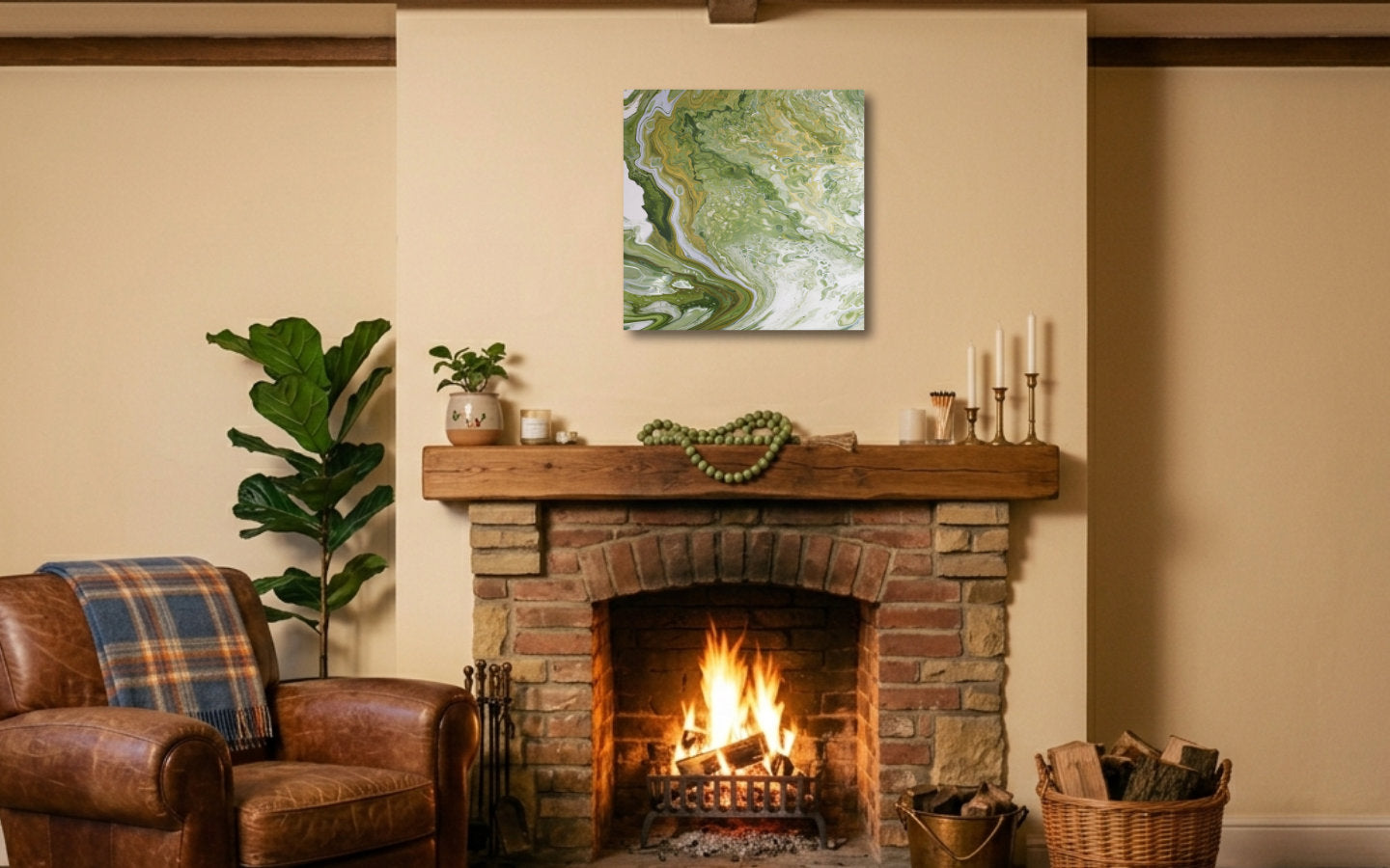Square abstract acrylic painting in meadow greens and gold with a pale winding channel, flooded English grassland feel displayed above a fireplace.