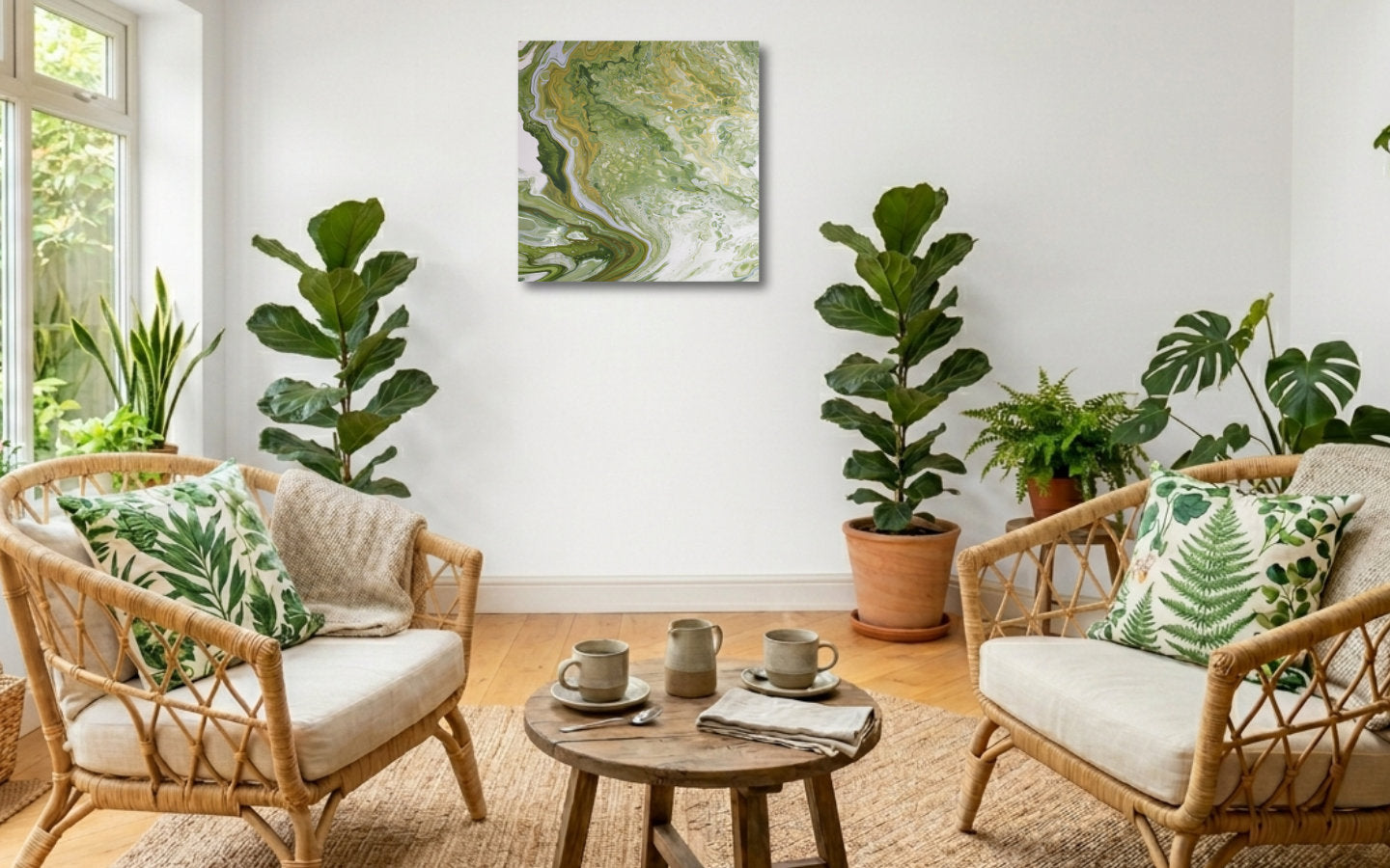 Square abstract acrylic painting in meadow greens and gold with a pale winding channel, flooded English grassland feel displayed in a sun room.