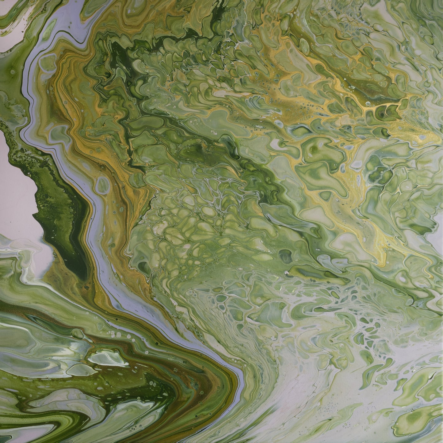 Square abstract acrylic painting in meadow greens and gold with a pale winding channel, flooded English grassland feel.