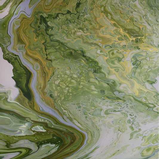Square abstract acrylic painting in meadow greens and gold with a pale winding channel, flooded English grassland feel.