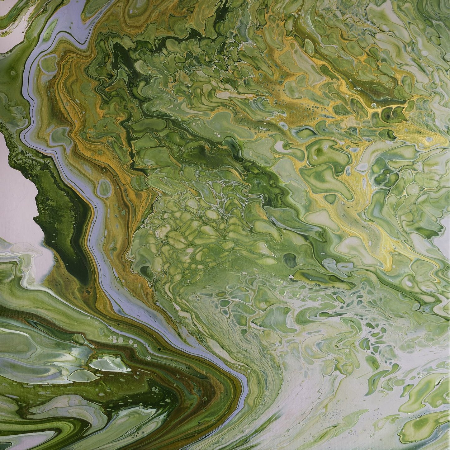 Square abstract acrylic painting in meadow greens and gold with a pale winding channel, flooded English grassland feel.