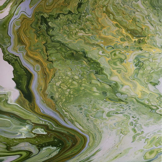 Square abstract acrylic painting in meadow greens and gold with a pale winding channel, flooded English grassland feel.