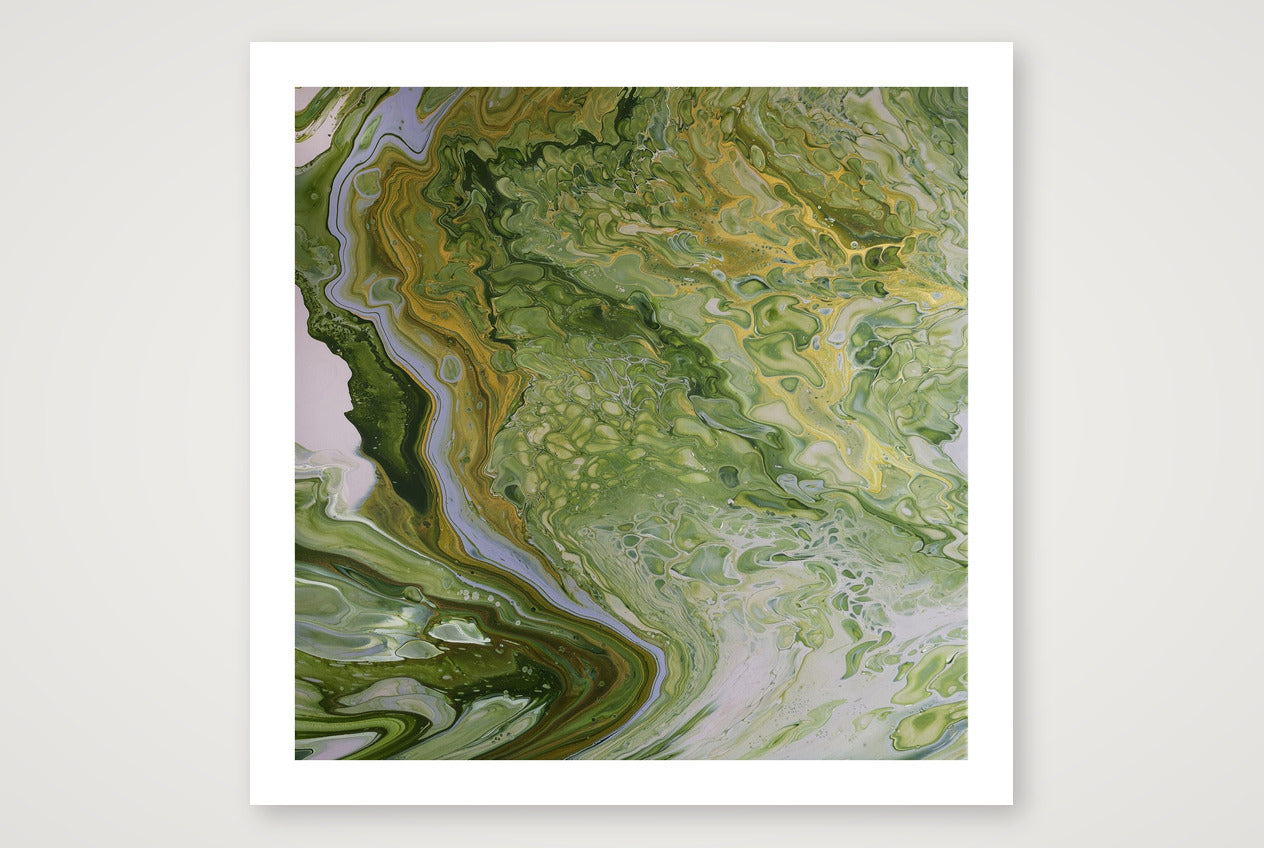 Square abstract acrylic painting in meadow greens and gold with a pale winding channel, flooded English grassland feel.
