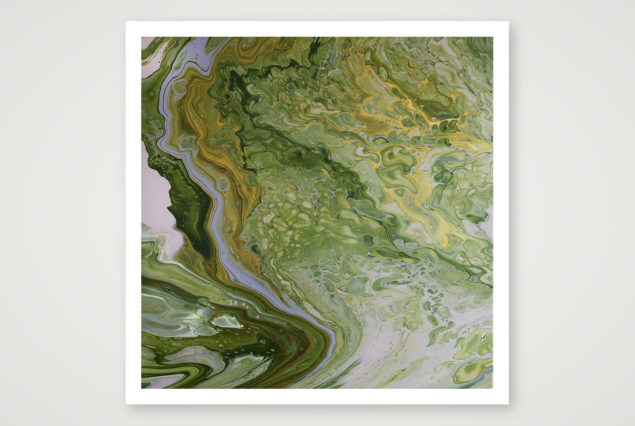 Square abstract acrylic painting in meadow greens and gold with a pale winding channel, flooded English grassland feel.