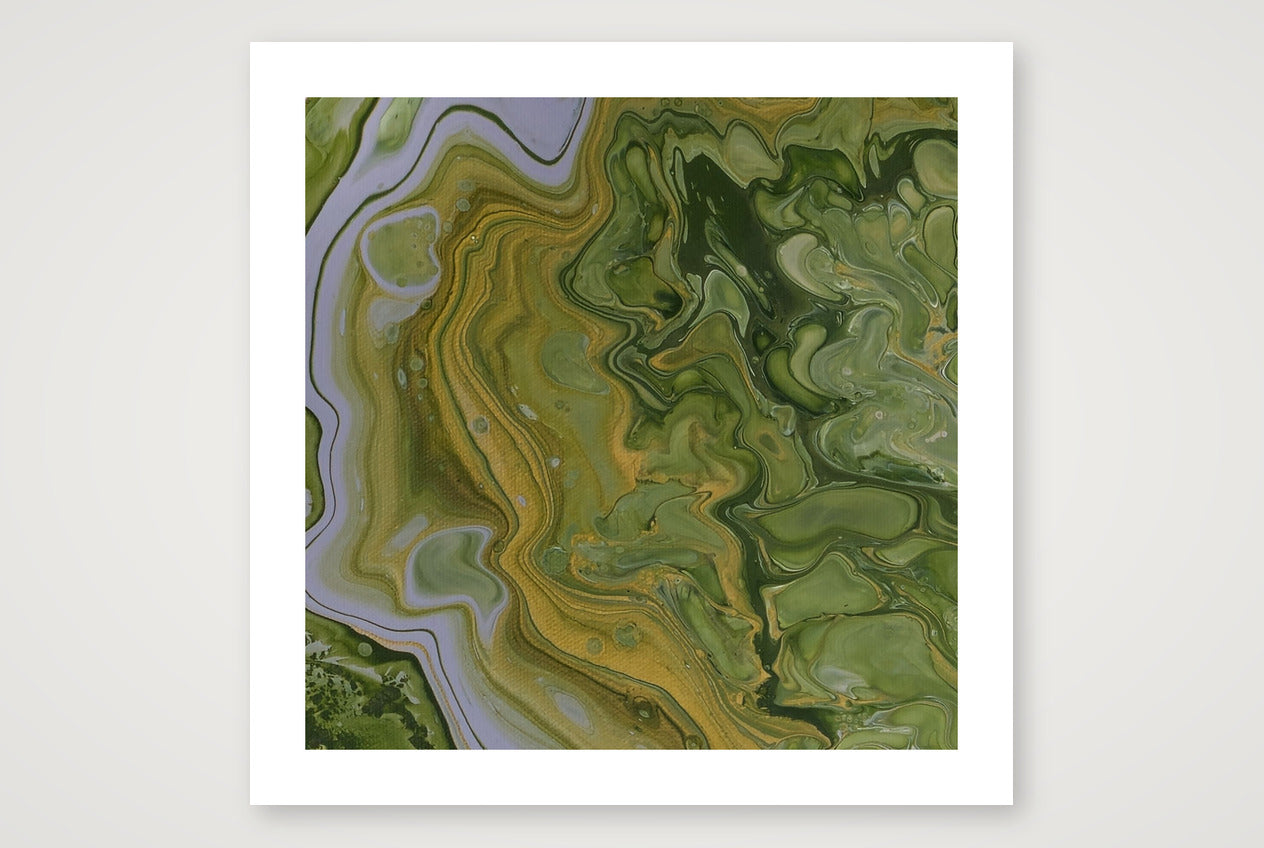 Fragment of square abstract acrylic painting in meadow greens and gold with a pale winding channel, flooded English grassland feel.