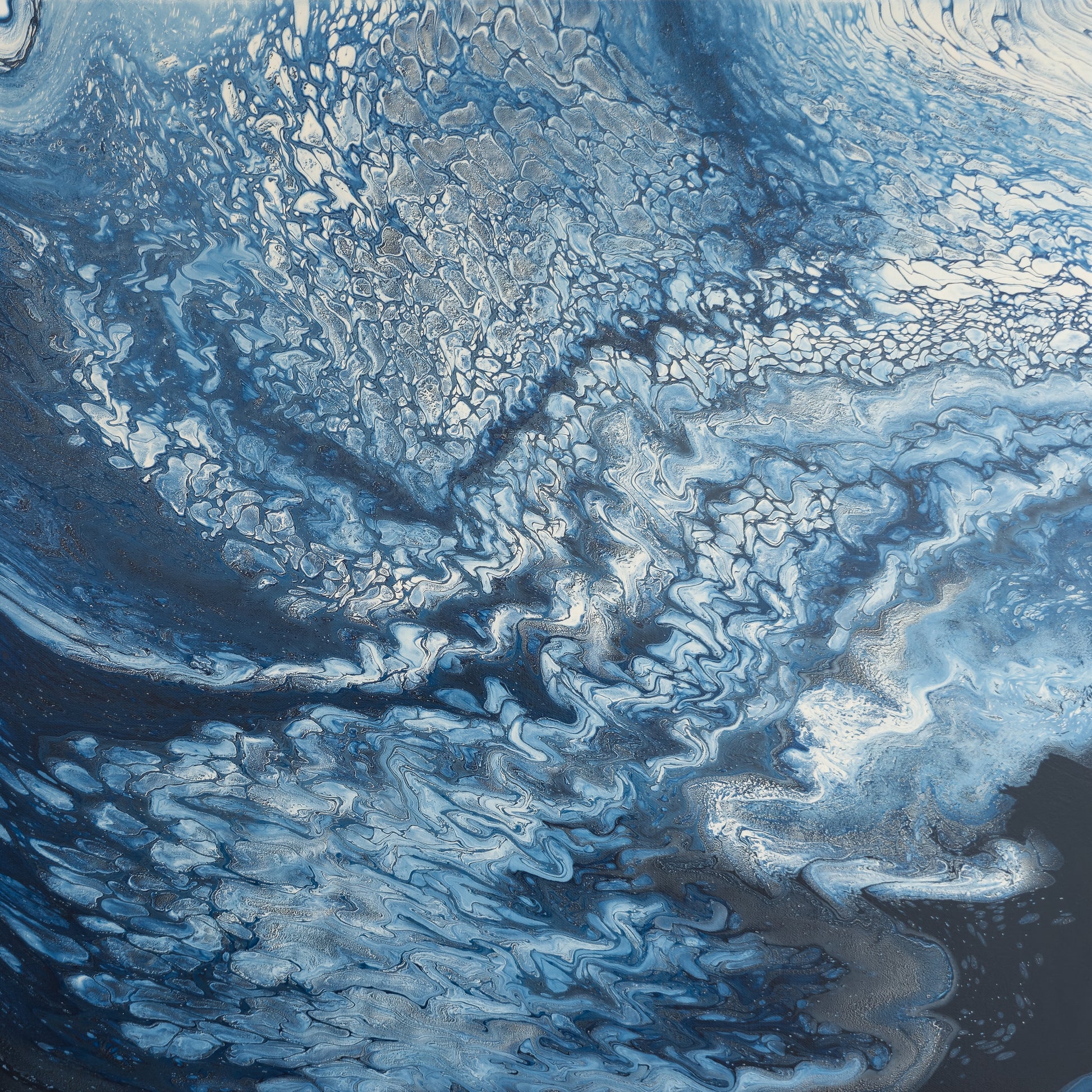 Square abstract acrylic painting in deep navy and silver-blue, turbulent storm-cloud texture sweeping across a darkening sky.