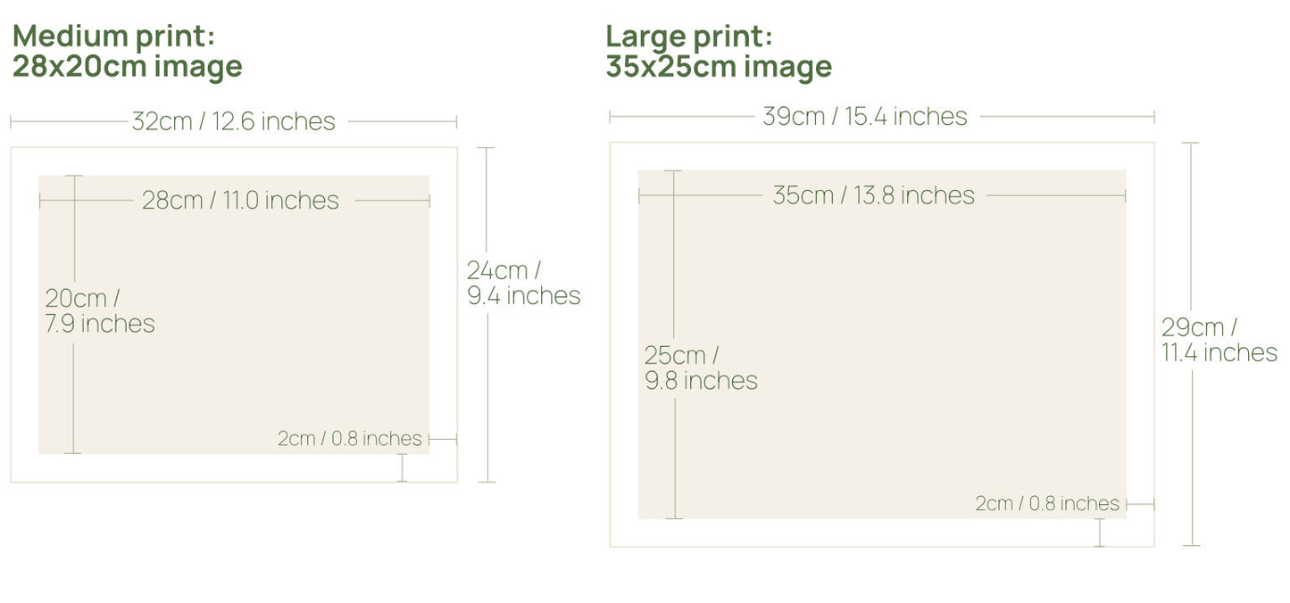 Print sizes 28x20cm (32×24cm including border), 11x7.9" (12.6×9.4" including border)
35x25cm (39×29cm including border), 13.8x9.8" (15.4×11.4" including border)